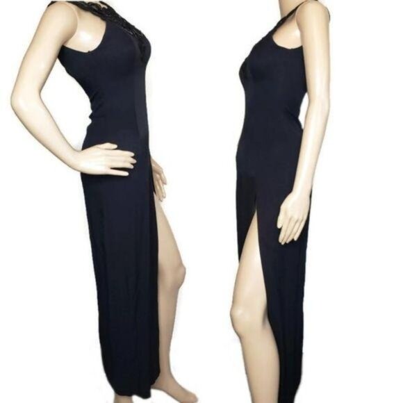 Jessica McClintock Gunne Sax vintage Black Evening Gown Lace and Side Slit sz 4 - Picture 3 of 8